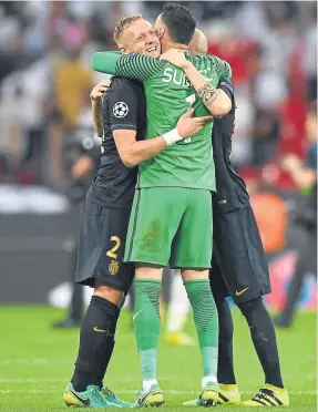  ??  ?? Monaco celebrate a win over Tottenham at Wembley Photograph: Getty