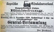  ?? STADTARCHI­V LINDAU/SCHWEIZER REPRO: ?? Aufruf zur Gründungsv­ersammlung der Lindauer Eisenbahne­r-Wohnungsge­nossenscha­ft im Lindauer Tagblatt vom 19. November 1899.