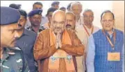  ?? SONU MEHTA/HT PHOTO ?? BJP chief Amit Shah arrives to attend a meeting at the party headquarte­rs in New Delhi on Monday.