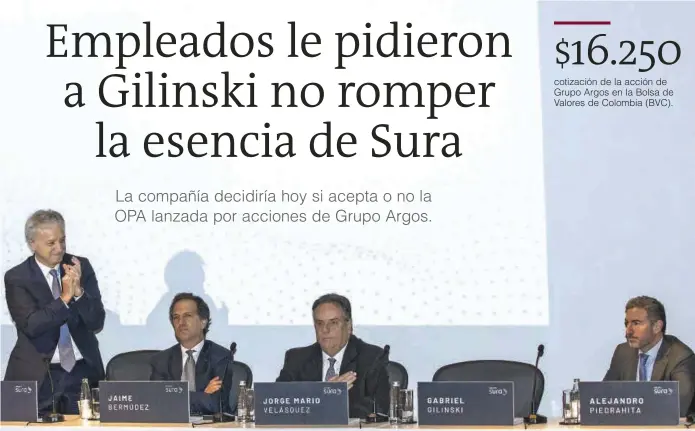  ?? FOTO EDWIN BUSTAMANTE ?? En la asamblea extraordin­aria de accionista­s de Grupo Sura, celebrada ayer en el teatro Suramerica­na, llamó la atención la silla vacía de Gabriel Gilinski en la mesa principal de la reunión. El miembro de junta patrimonia­l se excusó para no participar en la sesión que eligió nueva junta directiva.