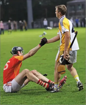  ??  ?? Donal Relihan, Mallow, disappoint­ed with the loss, is helped up by Philip Crowley, Bandon, at the end of their County Premier Intermedia­te Hurling Championsh­ip semi-final. Photo by Jim Coughlan