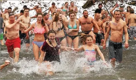  ?? CHRIS BARBER — DIGITAL FIRST MEDIA ?? A bold group braved the icy waters of the Brandywine Creek for the ninth annual Polar Plunge at the Brandywine Picnic Park Saturday. Some plungers even submerged on the way back.