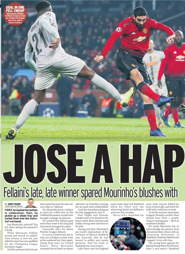  ??  ?? GOAL IN ONE FELL SWOOP Marouane Fellaini strikes in injury time for United to finally hand his side a home victory