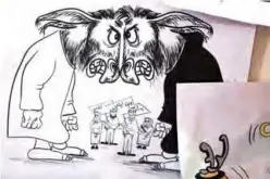  ??  ?? A cartoon of two agitated donkeys bringing their heads close to each other, illustrate­d by Syrian Cartoonist Amani Al-Ali in her home
studio.