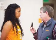  ??  ?? Tennessee freshman Evina Westbrook takes a question from a reporter during media day. Westbrook is the latest recruit from Oregon who will suit up for the Lady Vols.