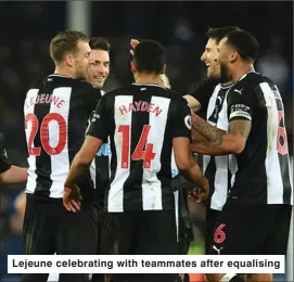  ??  ?? Lejeune celebratin­g with teammates after equalising