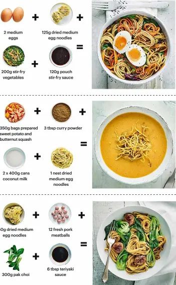  ??  ?? 2 medium eggs 200g stir-fry vegetables 3 x 350g bags prepared sweet potato and butternut squash 2 x 400g cans coconut milk 250g dried medium egg noodles 300g pak choi 125g dried medium egg noodles 120g pouch stir-fry sauce 3 tbsp curry powder + 1 nest...