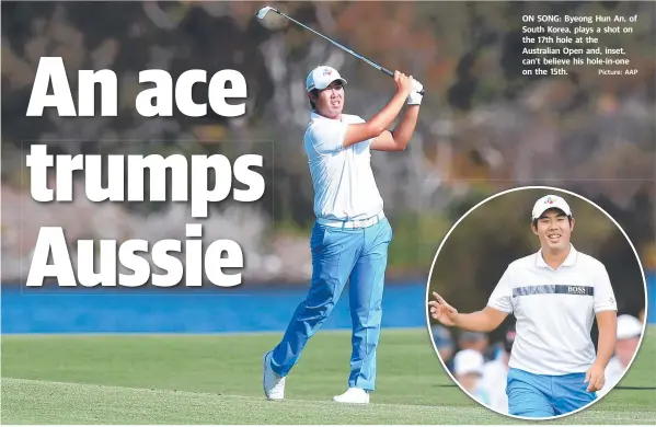  ?? Picture: AAP ?? ON SONG: Byeong Hun An, of South Korea, plays a shot on the 17th hole at the Australian Open and, inset, can’t believe his hole-in-one on the 15th.