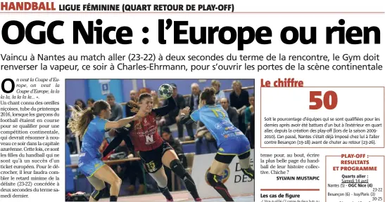  ??  ?? Le club azuréen de Marie François vise la première qualificat­ion européenne de son histoire, ce soir à Charles-Ehrmann. (Photo Cyril Dodergny) Les cas de figure