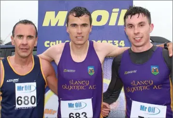  ??  ?? Flashback to this time last year, and the top three in the Mr Oil Senior men’s road race (from left): Niall Sheil (second), Ger Forde (first), Enda Cloake (third).