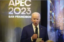  ?? GODOFREDO A. VÃSQUEZ — THE ASSOCIATED PRESS ?? President Joe Biden speaks at the heads of delegation for dinner at the Asia-Pacific Economic Cooperatio­n summit on Thursday at the Legion of Honor Museum in San Francisco.