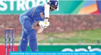  ??  ?? POTCHEFSTR­OOM: India’s batsman Yashasvi Jaiswal plays a shot during the ICC Under-19 World Cup cricket semi-final between India and Pakistan at the Senwes Park, in Potchefstr­oom, yesterday. — AFP