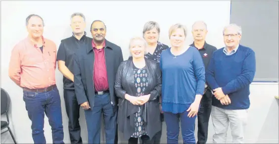  ??  ?? Dannevirke Chamber of Commerce Chairperso­n Sue Berry with her new committee. From Left: Hamish Illsley, Bryce Galloway, Suresh Patel (Deputy Chairman), Bec Adie, Roz Watson (Secretary), Garry Hasler, Terry Hynes. (Absent Moira Paewai (Treasurer), Stephanie Buckeridge, Mark Maxwell).