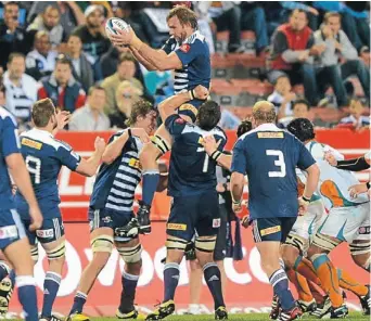  ?? Picture: GETTY IMAGES ?? TOP VIEW: Andries Bekker of the Stormers jumps high for the ball during a lineout during the Super Rugby match against the Cheetahs in Cape Town on Saturday. The Stormers won 16-14