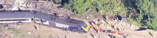  ??  ?? CARNAGE Aerial footage of the devastatin­g scene after the Aberdeen to Glasgow train service derailed near Stonehaven yesterday, leaving three people dead