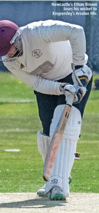  ?? ?? Newcastle’s Ethan Brown loses his wicket to Knypersley’s Arsalan Mir.