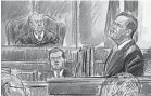  ?? DANA VERKOUTERE­N/AP ?? This courtroom sketch depicts Judge T.S. Ellis III presiding over the trial of Paul Manafort on bank fraud and tax evasion last week.