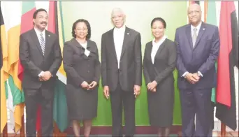  ?? (Ministry of the Presidency photo) ?? From left are Attorney General, Basil Williams; Acting Chancellor of the Judiciary, Justice Yonette Cummings-Edwards; President David Granger; Fidela Corbin-Lincoln and Minister of State, Joseph Harmon after the swearing-in ceremony.