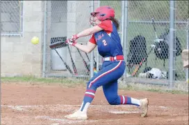  ?? Photos by Becky Polaski ?? Lady Dutch shortstop Molly Hanslovan is shown connecting with pitches for home runs in the first (left) and third (right) innings of Tuesday’s game against Bradford.