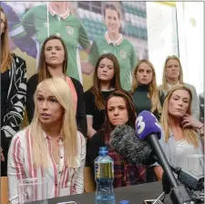  ??  ?? Aine and other team-mates during a women’s national team press conference at Liberty Hall in Dublin.