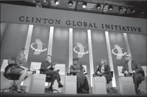  ?? Bloomberg News/MICHAEL NAGLE ?? Chelsea Clinton (from left) leads a panel discussion at the Clinton Global Initiative in 2014 with Jack Ma, chairman of the Alibaba Group; Ngozi Okonjolwea­la, Nigeria’s coordinati­ng minister of finance; Mary Barra, General Motors chief executive...