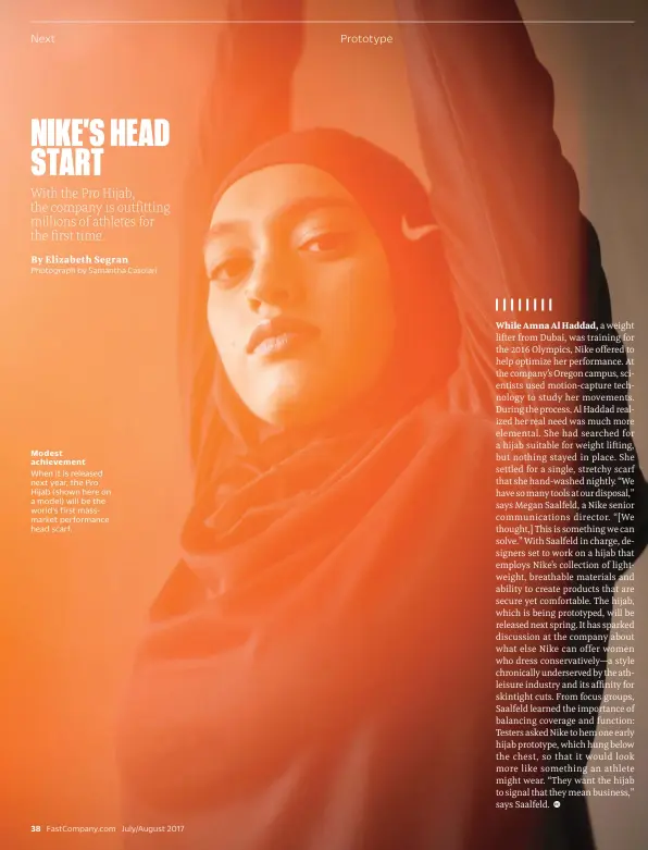  ??  ?? Modest achievemen­t When it is released next year, the Pro Hijab (shown here on a model) will be the world’s first massmarket performanc­e head scarf.