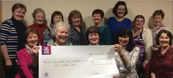  ??  ?? Phil Wims, president of Coolaney ICA, presenting a cheque for €3,000 to Mary Jones and Christina McCann from Tubbercurr­y Cancer Support Centre. This cheque was the proceeds of a bag pack carried out by members and friends at Dunnes Stores, Cranmore back in November.