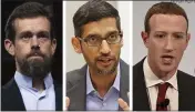  ?? LM OTERO, JENS MEYE — JOSE LUIS MAGANA ?? This combinatio­n of photos shows from left, Twitter CEO Jack Dorsey, Google CEO Sundar Pichai, and Facebook CEO Mark Zuckerberg.