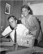  ?? ED KOLENOVSKY/ASSOCIATED PRESS FILE ?? Left, President George H.W. Bush and first lady Barbara Bush attend the ’92 GOP National Convention. Above, then-Senate candidate George H.W. Bush works in Houston as Barbara smiles.