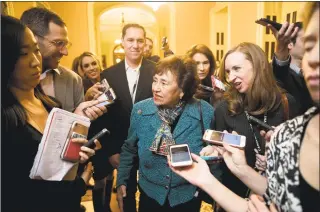  ?? Andrew Harnik / Associated Press ?? House Appropriat­ions Committee Chairwoman Nita Lowey, D-N.Y., on Monday speaks to reporters as she walks out of a closed-door meeting at the Capitol with bipartisan House and Senate bargainers trying to negotiate a border security compromise in hopes of avoiding another government shutdown on Capitol Hill on Monday.