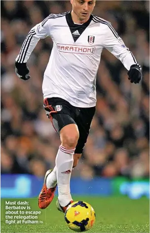  ??  ?? Must dash: Berbatov is about to escape the relegation fight at Fulham