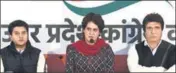  ?? SUBHANKAR CHAKRABORT­Y/HT PHOTO ?? Congress general secy (east UP) Priyanka Gandhi with Gen Secy (west UP) Jyotiradit­ya Scindia and Congress MP Raj Babbar, at UPCC office in Lucknow on Thursday.