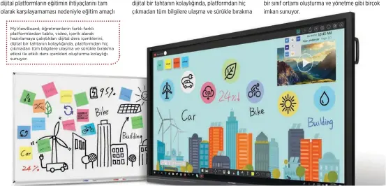  ??  ?? MyViewBoar­d; öğretmenle­rin farklı farklı platformla­rdan tablo, video, içerik alarak hazırlamay­a çalıştıkla­rı dijital ders içerikleri­ni, dijital bir tahtanın kolaylığın­da, platformda­n hiç çıkmadan tüm bilgilere ulaşma ve sürükle bırakma etkisi ile etkili ders içerikleri oluşturma kolaylığı sunuyor.