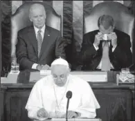  ?? AP/PABLO MARTINEZ MONSIVAIS ?? House Speaker John Boehner of Ohio wipes his eyes as he listens to Pope Francis address a joint meeting of Congress on Capitol Hill in Washington on Thursday, making history as the first pontiff to do so.