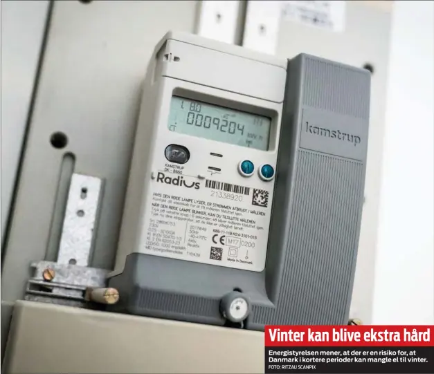  ?? FOTO: RITZAU SCANPIX ?? Energistyr­elsen mener, at der er en risiko for, at Danmark i kortere perioder kan mangle el til vinter. Vinter kan blive ekstra hård