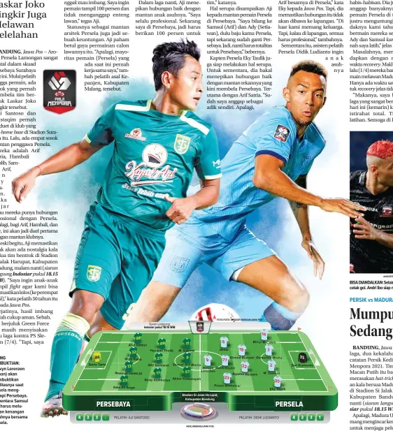  ?? ANGGER BONDAN/JAWA POS ?? AJANG PEMBUKTIAN: Melvyn Lorenzen (kanan) akan membuktika­n kualitasny­a saat Persela menghadapi Persebaya. Sementara Samsul Arif harus melupakan kenangan indahnya bersama Persela.