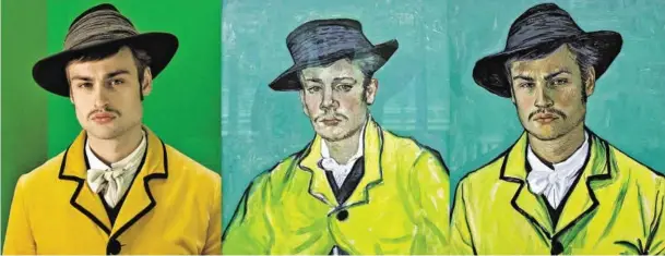  ?? BILD: SN/LUNA FILM ?? Schauspiel­er Douglas Booth, van Goghs Originalge­mälde und die Kopie für den Film: „Loving Vincent“spürt Geheimniss­en nach.