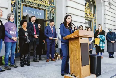  ?? Photos by Gabrielle Lurie / The Chronicle ?? Supervisor Catherine Stefani introduces the S.F. Victim’s Rights Initiative, which will be on the June ballot.