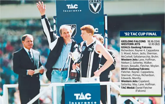  ??  ?? FEELING GRAND: Geelong Falcons 1992 premiershi­p coach Terry Bright, with co-captain Kieran Murrihy with the cup. Picture: MIKE DUGDALE