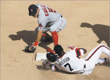  ?? Nam Y. Huh / Associated Press ?? Tim Anderson (7) slides safely into second base after hitting a double as Red Sox second baseman Ian Kinsler applies a late tag Sunday.