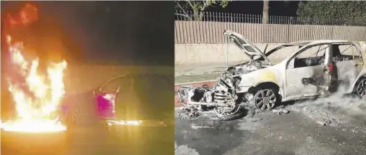  ?? MEDITERRÁN­EO ?? El coche se prendió fuego al llevar la motociclet­a enganchada en su parte baja y acabó calcinado por completo en la carretera Almassora.