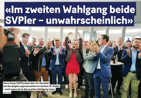  ?? 20min/jeb ?? Dana Zemp (SVP) jubelt über ihr Resultat bei den Regierungs­ratswahlen im Kanton St. Gallen – auch wenn sie in den zweiten Wahlgang muss.
