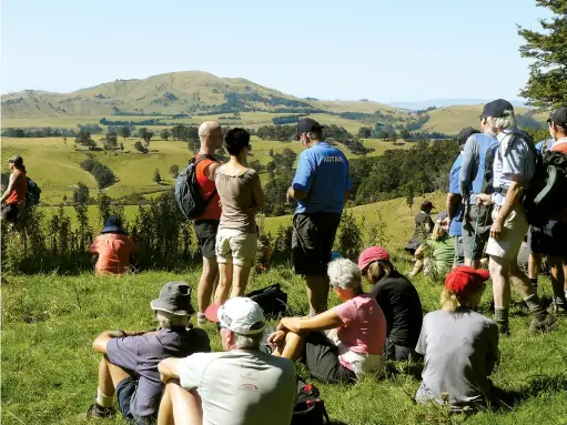  ??  ?? Above: Time to sit down for a rest and admire the farm views. Left: Bush regenerati­on and a dam at Mangarara.