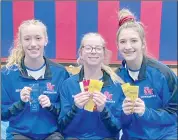  ?? Photo submitted ?? SMA’s Becca Gnan, Maddy Wittman, and Lexi Asti are shown with their ribbons following Thursday’s home meet against Altoona at the St. Marys Area Middle School.