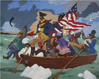  ??  ?? 2. George Washington Carver Crossing the Delaware: Page from an American History Textbook, 1975, Robert Colescott (1925–2009), acrylic on canvas, 199.4 × 249.6cm. Sotheby’s New York, $15.3m