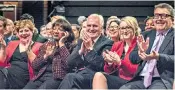  ??  ?? Jeremy Corbyn addresses the conference, above, and receives warm applause from Emily Thornberry, Diane Abbott, John Mcdonnell, Rebecca Long-bailey and Tom Watson