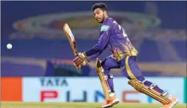  ?? PTI ?? Venkatesh Iyer of Kolkata Knight Riders plays a shot during the Indian Premier League 2022 cricket match between Mumbai Indians and Kolkata Knight Riders, at the DY Patil Stadium in Mumbai, Monday