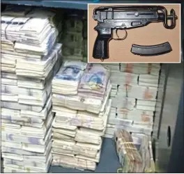  ??  ?? Bundles of cash and, inset, a machine gun found in the NCA raids HOARD:
