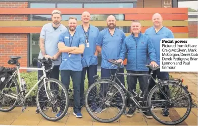  ??  ?? Pedal power Pictured from left are Craig McGlynn, Mark McColgan, Derek Cobb, Derek Pettigrew, Brian Lennon and Paul Gilmour