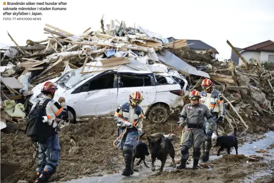  ?? FOTO: TT-AP/KYODO NEWS ?? Brandmän söker med hundar efter saknade människor i staden Kumano efter skyfallen i Japan.